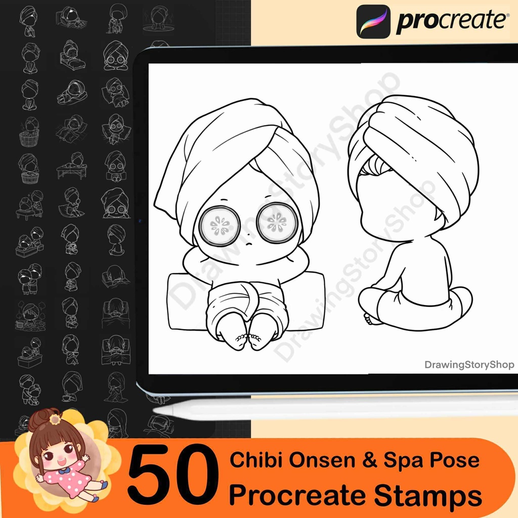 50 Procreate Chibi Onsen Pose Brushes | Relaxing Bath & Spa Poses | Chibi Body Base Stamps | Cute Anime Art
