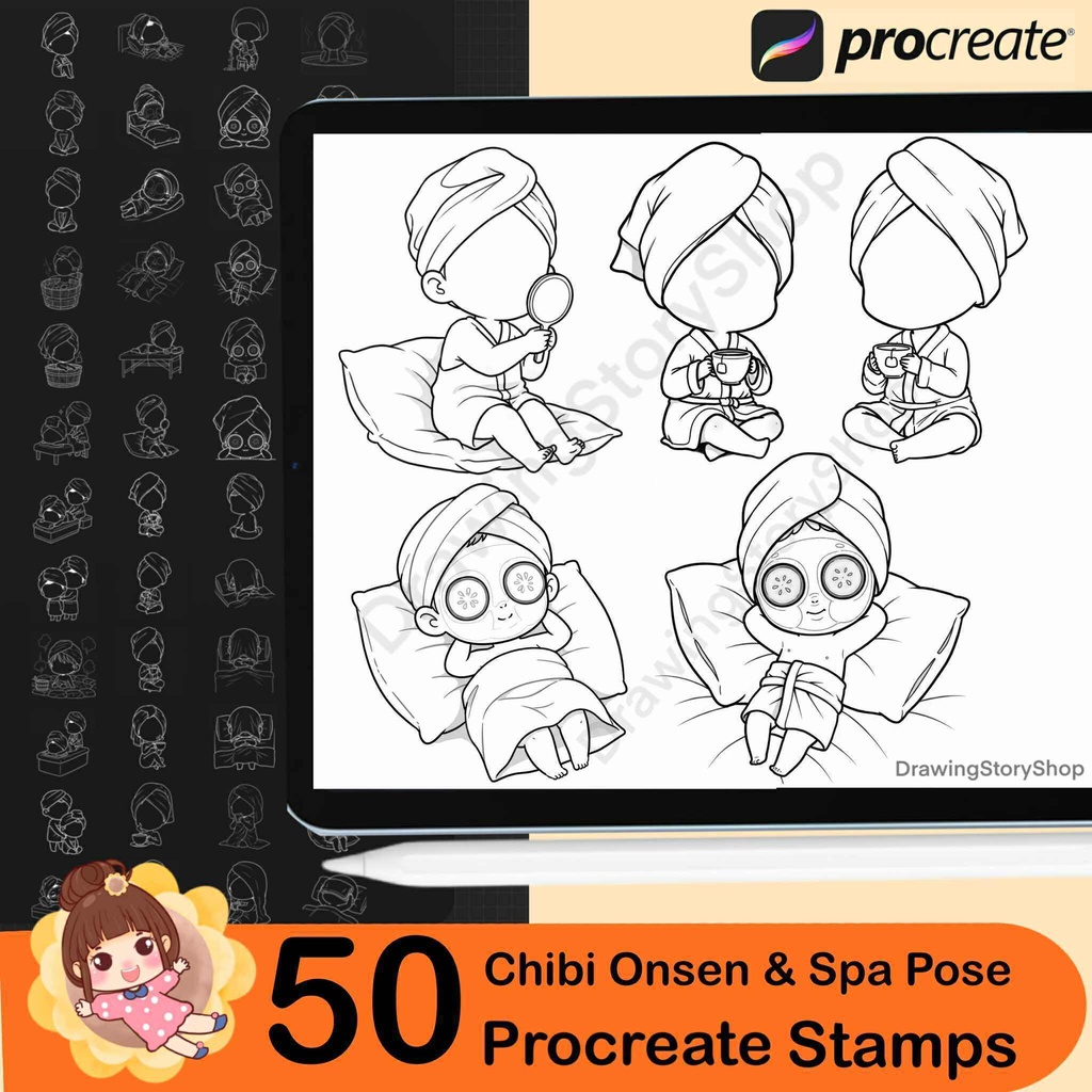 50 Procreate Chibi Onsen Pose Brushes | Relaxing Bath & Spa Poses | Chibi Body Base Stamps | Cute Anime Art