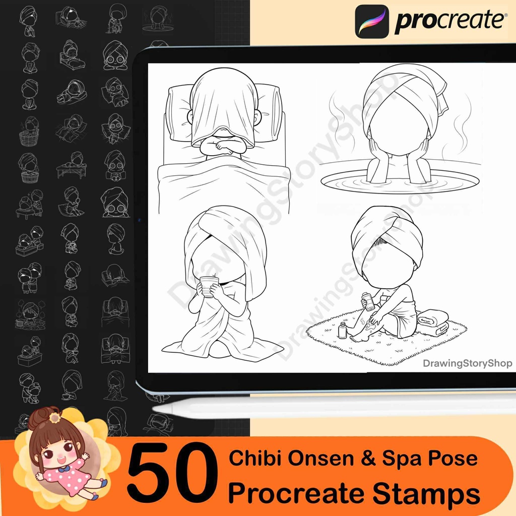 50 Procreate Chibi Onsen Pose Brushes | Relaxing Bath & Spa Poses | Chibi Body Base Stamps | Cute Anime Art