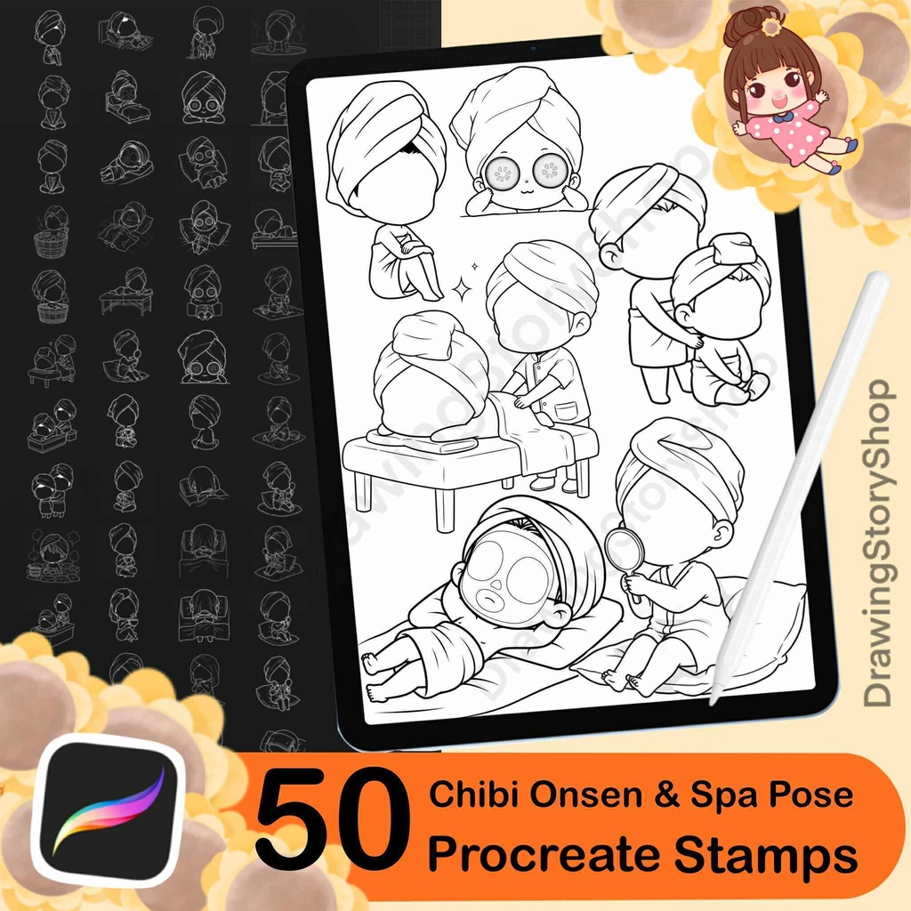 50 Procreate Chibi Onsen Pose Brushes | Relaxing Bath & Spa Poses | Chibi Body Base Stamps | Cute Anime Art