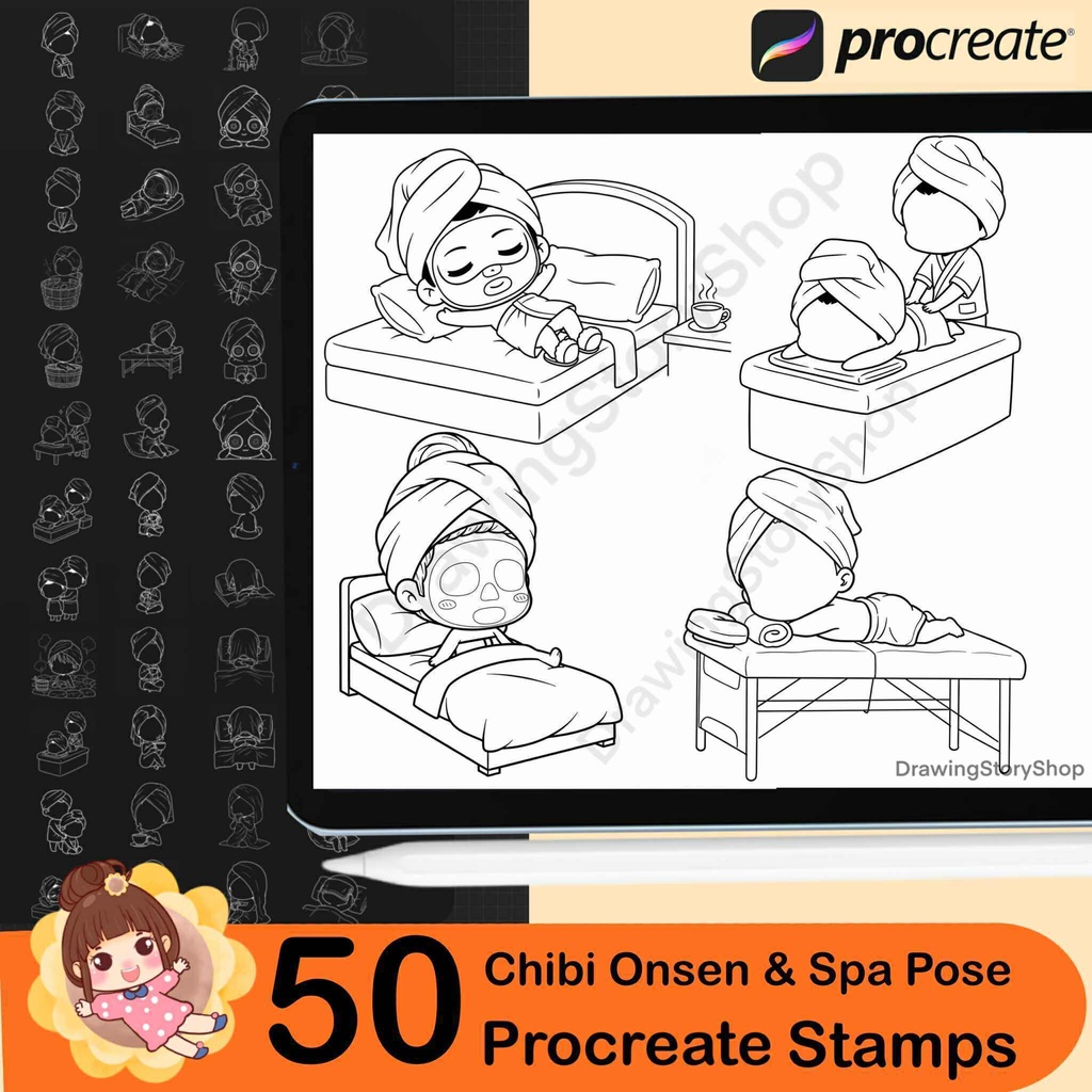 50 Procreate Chibi Onsen Pose Brushes | Relaxing Bath & Spa Poses | Chibi Body Base Stamps | Cute Anime Art