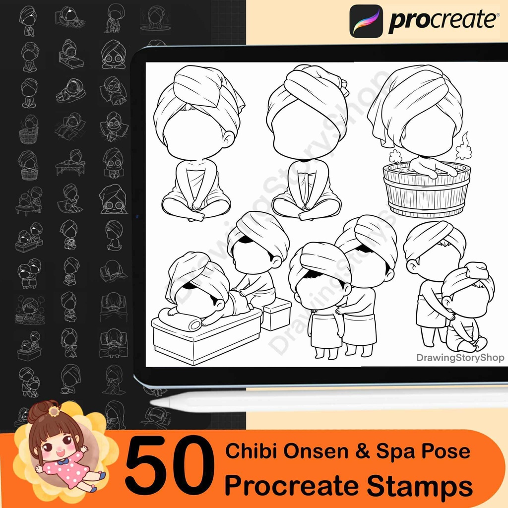 50 Procreate Chibi Onsen Pose Brushes | Relaxing Bath & Spa Poses | Chibi Body Base Stamps | Cute Anime Art