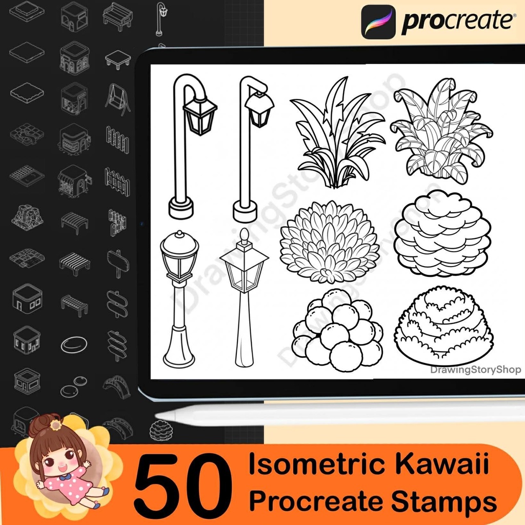 50 Procreate Isometric Kawaii Buildings Stamp Brushes | Kawaii Textured Isometric Stamp Brush for Procreate Set 1