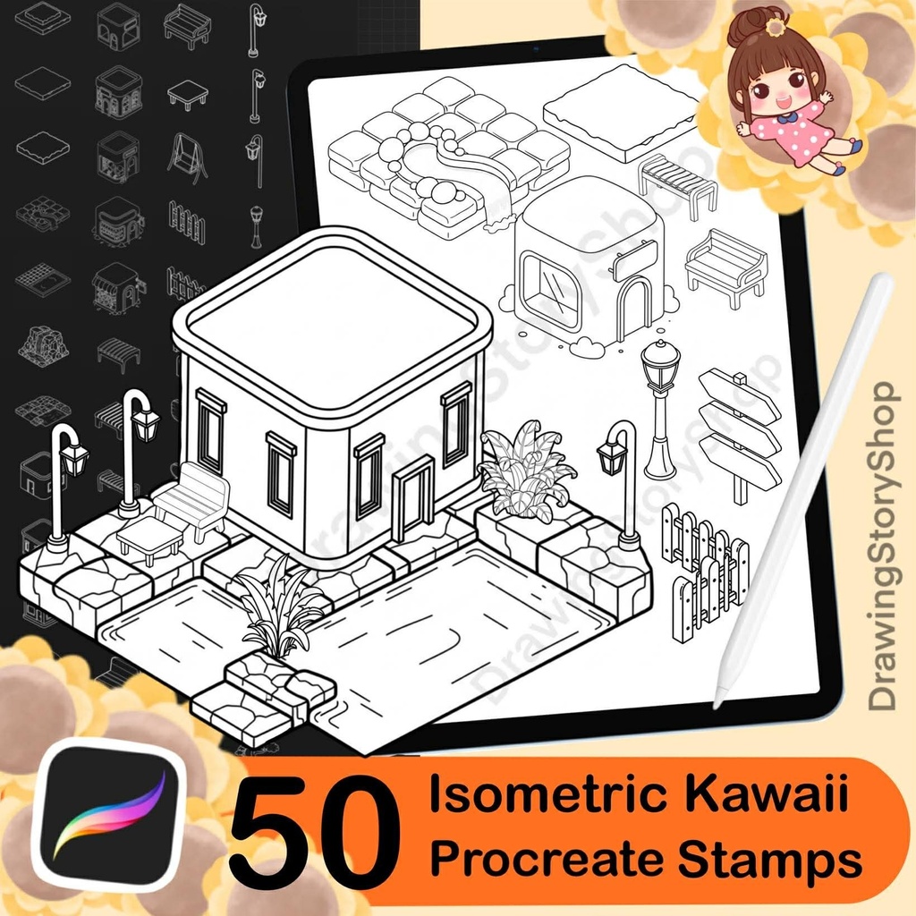 50 Procreate Isometric Kawaii Buildings Stamp Brushes | Kawaii Textured Isometric Stamp Brush for Procreate Set 1