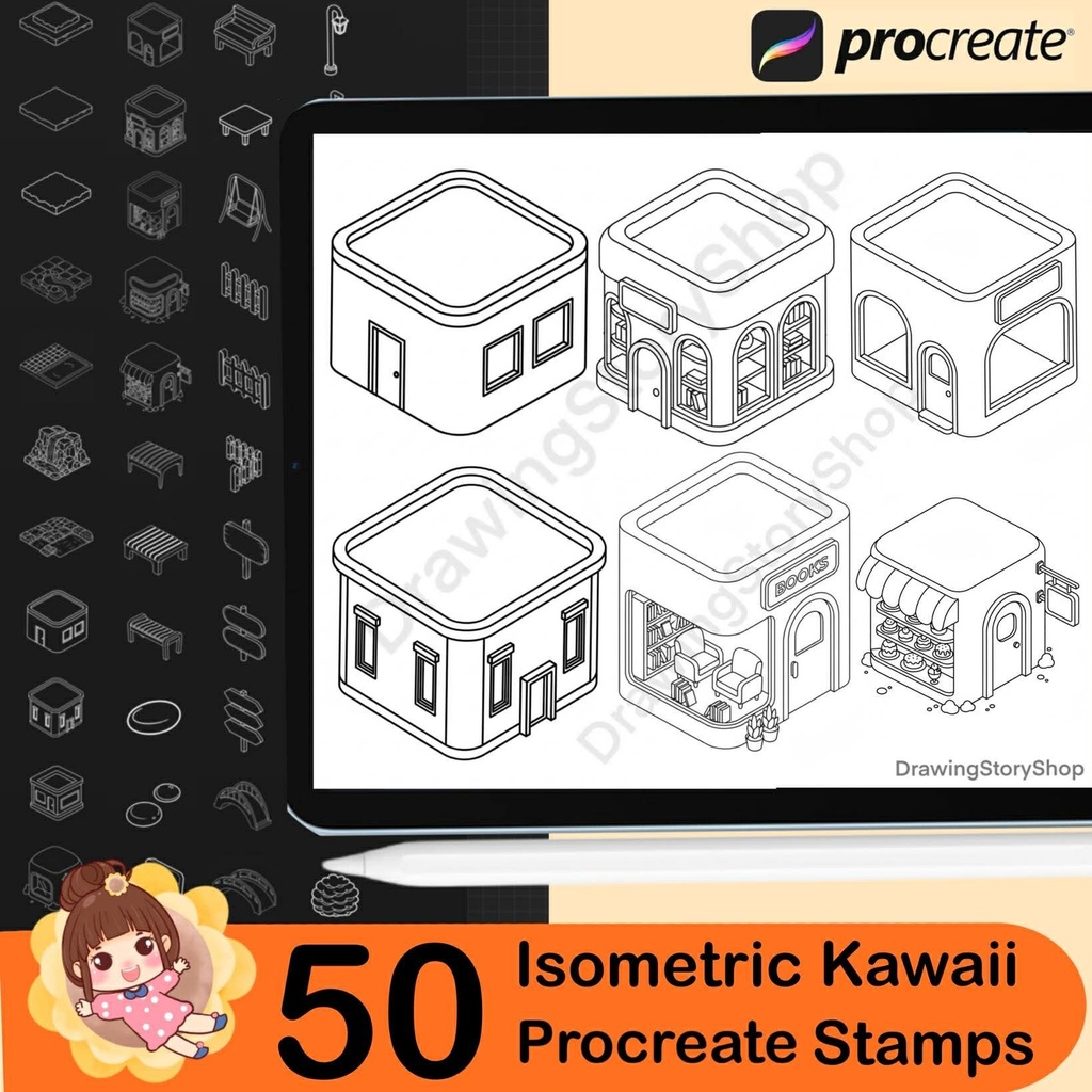 50 Procreate Isometric Kawaii Buildings Stamp Brushes | Kawaii Textured Isometric Stamp Brush for Procreate Set 1