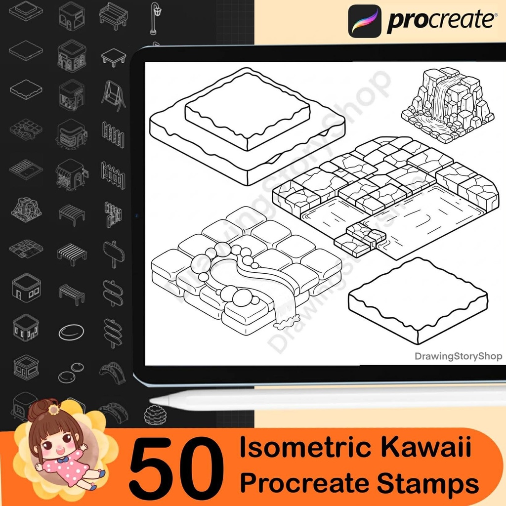50 Procreate Isometric Kawaii Buildings Stamp Brushes | Kawaii Textured Isometric Stamp Brush for Procreate Set 1