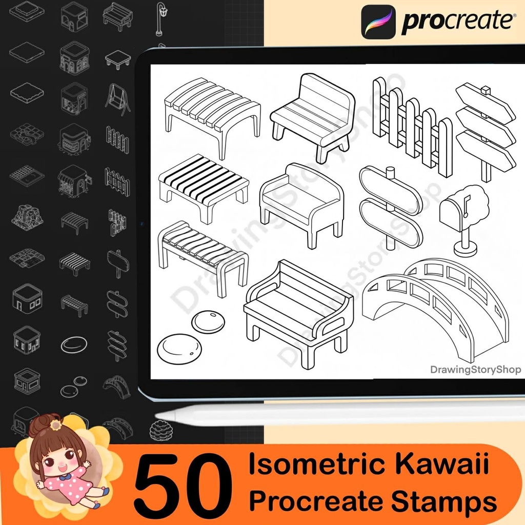 50 Procreate Isometric Kawaii Buildings Stamp Brushes | Kawaii Textured Isometric Stamp Brush for Procreate Set 1