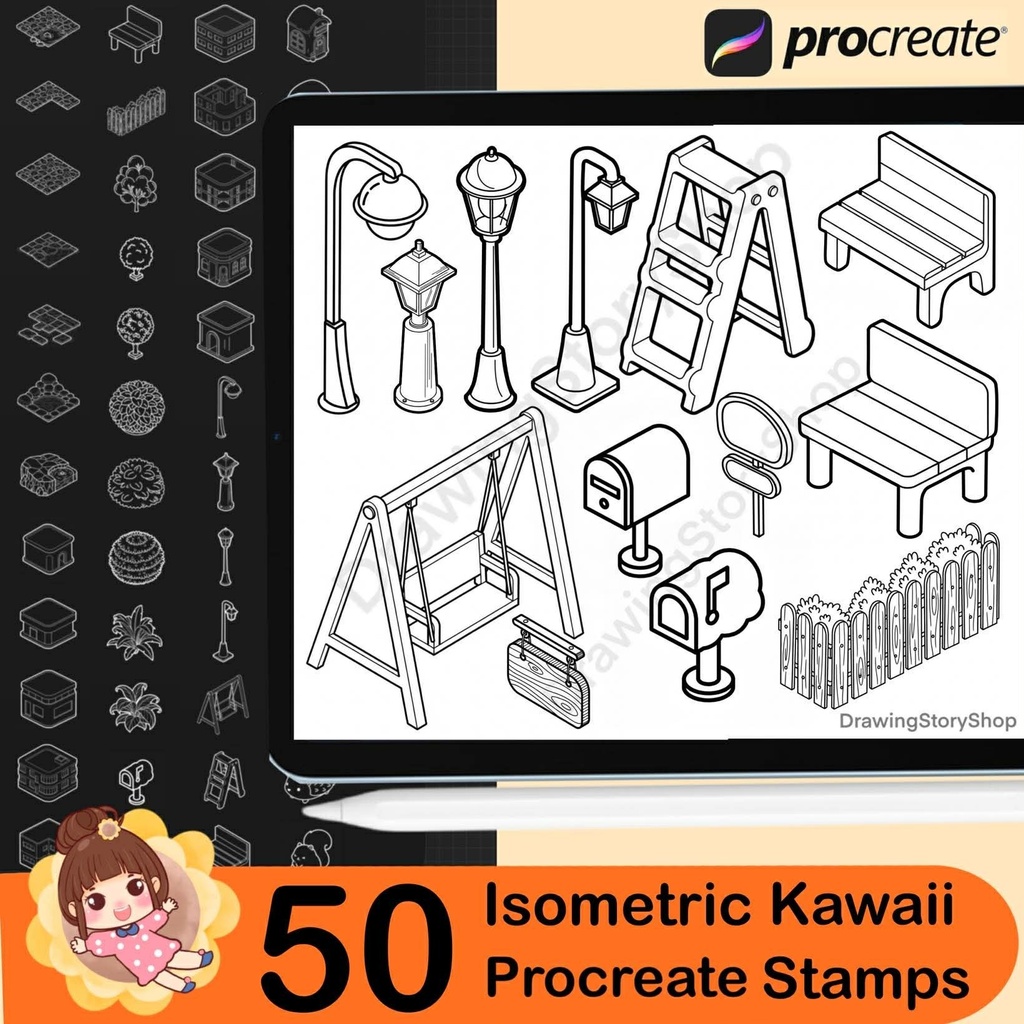 50 Procreate Isometric Kawaii Buildings Stamp Brushes | Kawaii Textured Isometric Stamp Brush for Procreate Set 2