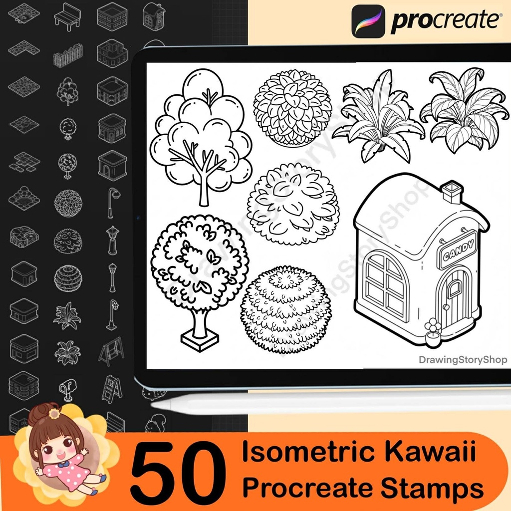 50 Procreate Isometric Kawaii Buildings Stamp Brushes | Kawaii Textured Isometric Stamp Brush for Procreate Set 2