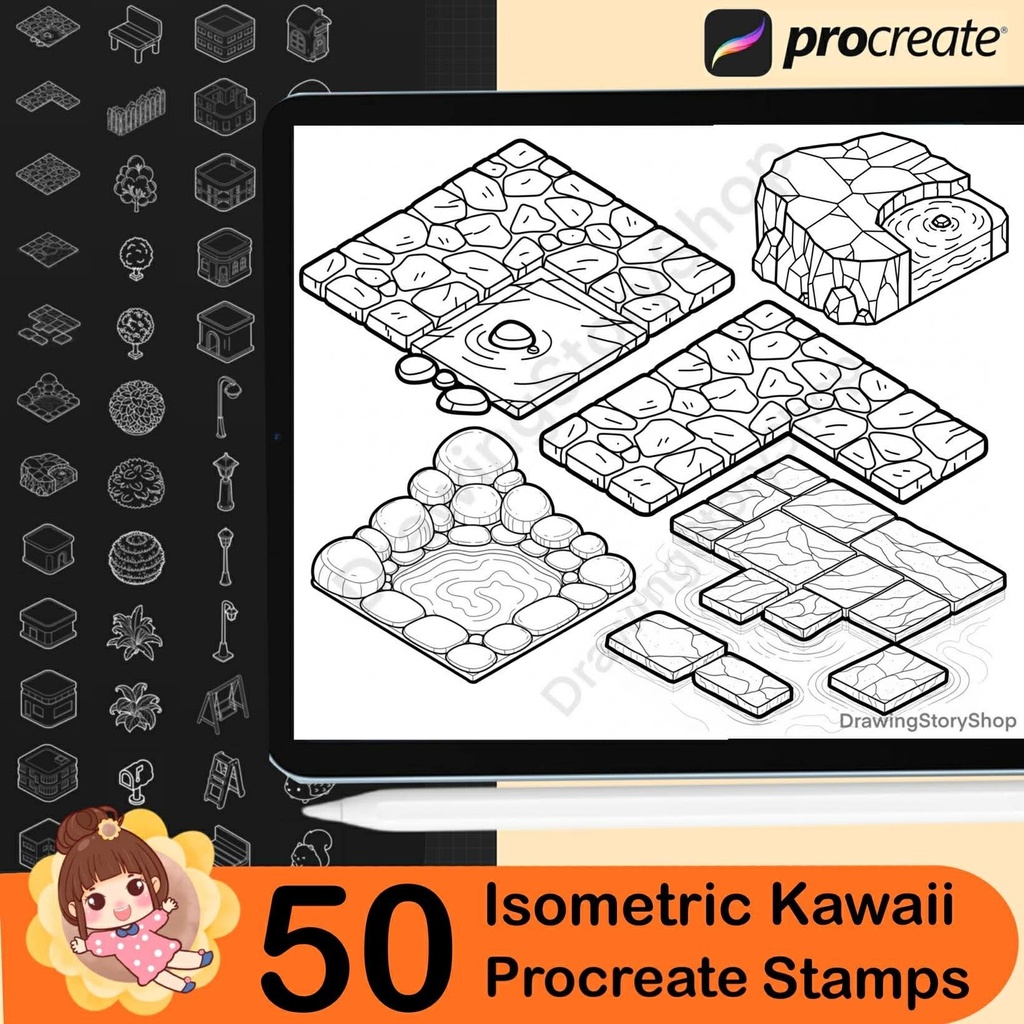 50 Procreate Isometric Kawaii Buildings Stamp Brushes | Kawaii Textured Isometric Stamp Brush for Procreate Set 2