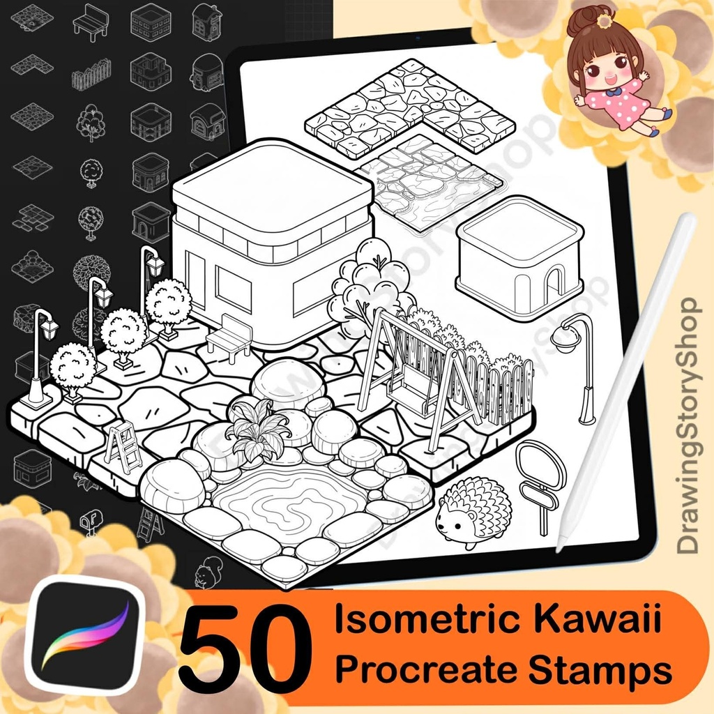 50 Procreate Isometric Kawaii Buildings Stamp Brushes | Kawaii Textured Isometric Stamp Brush for Procreate Set 2
