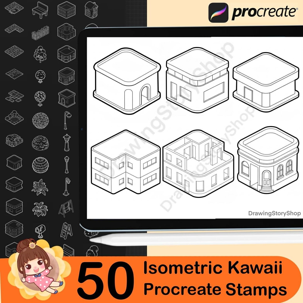 50 Procreate Isometric Kawaii Buildings Stamp Brushes | Kawaii Textured Isometric Stamp Brush for Procreate Set 2