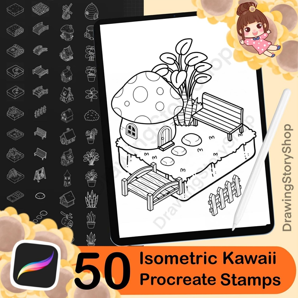 50 Procreate Isometric Kawaii Garden Stamp Brushes | Kawaii Textured Isometric Stamp Brush for Procreate