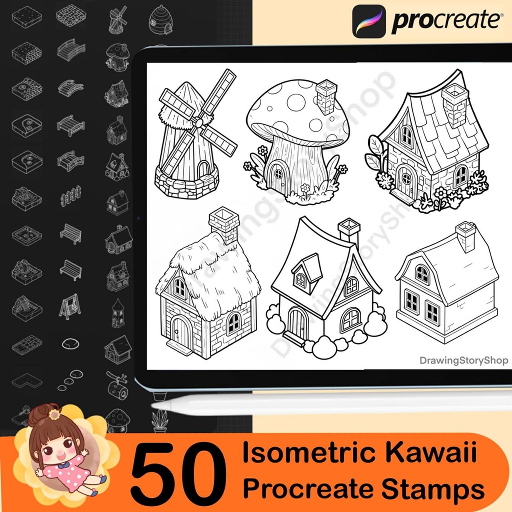 50 Procreate Isometric Kawaii Garden Stamp Brushes | Kawaii Textured Isometric Stamp Brush for Procreate