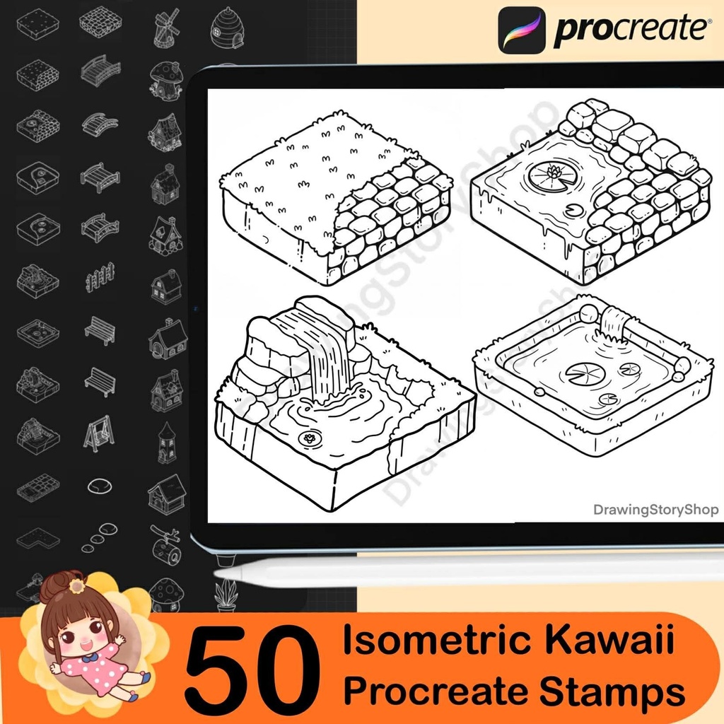50 Procreate Isometric Kawaii Garden Stamp Brushes | Kawaii Textured Isometric Stamp Brush for Procreate