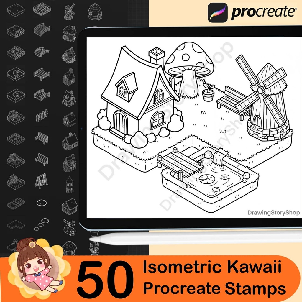 50 Procreate Isometric Kawaii Garden Stamp Brushes | Kawaii Textured Isometric Stamp Brush for Procreate