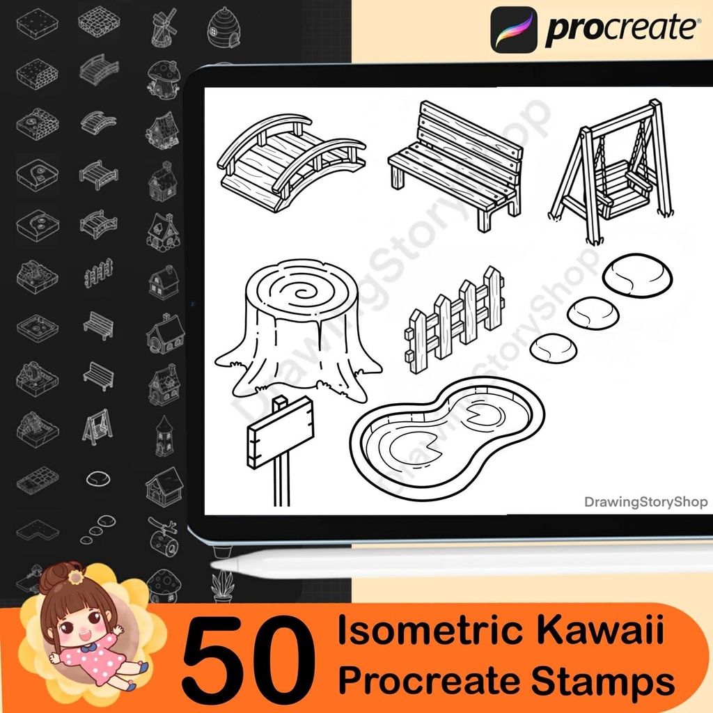 50 Procreate Isometric Kawaii Garden Stamp Brushes | Kawaii Textured Isometric Stamp Brush for Procreate