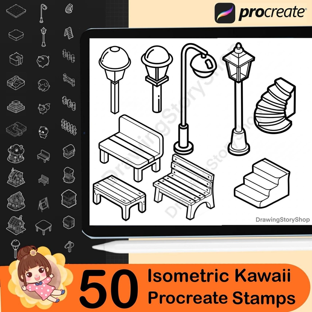 50 Procreate Isometric Kawaii Garden Stamp Brushes | Kawaii Textured Isometric Stamp Brush for Procreate Set 2