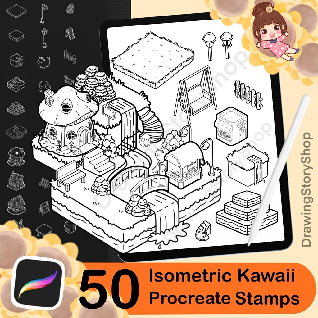 50 Procreate Isometric Kawaii Garden Stamp Brushes | Kawaii Textured Isometric Stamp Brush for Procreate Set 2