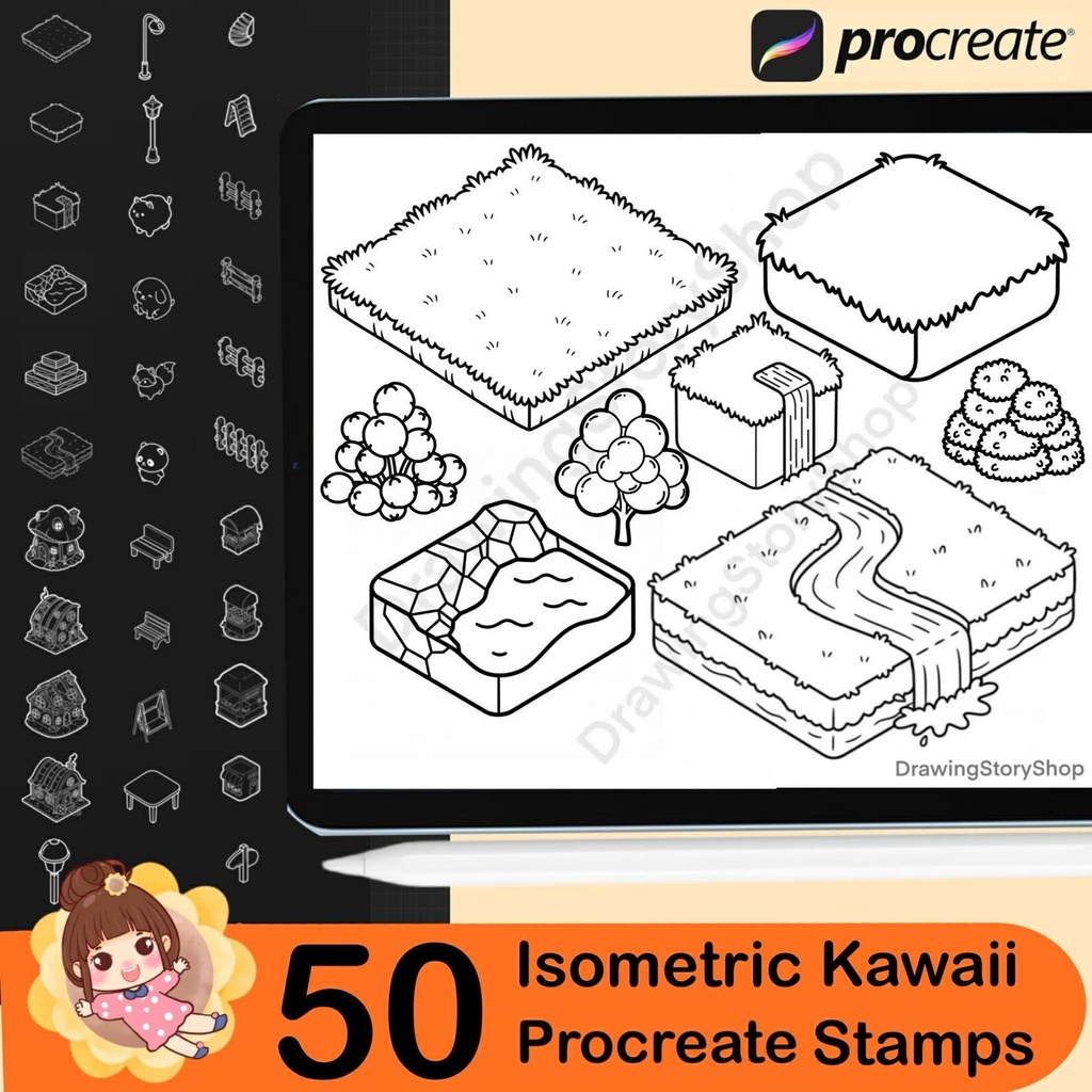 50 Procreate Isometric Kawaii Garden Stamp Brushes | Kawaii Textured Isometric Stamp Brush for Procreate Set 2
