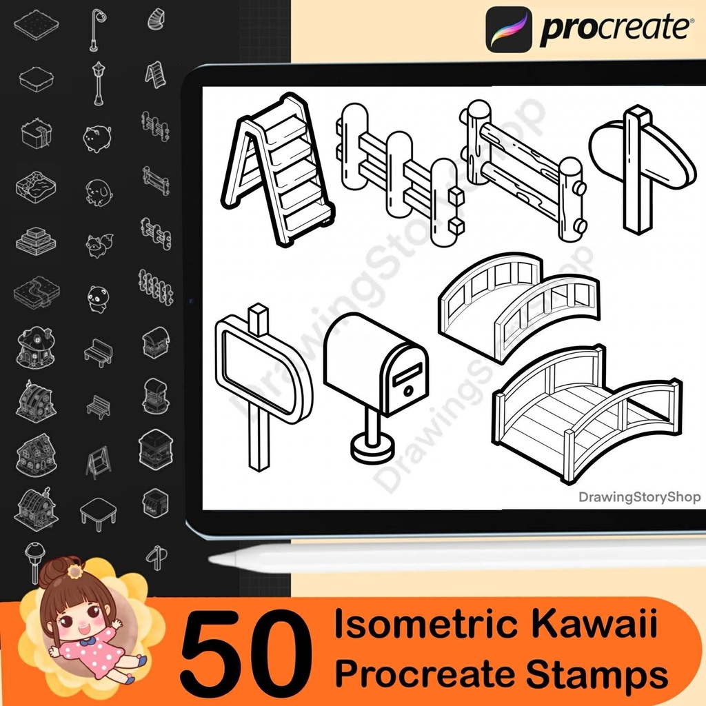 50 Procreate Isometric Kawaii Garden Stamp Brushes | Kawaii Textured Isometric Stamp Brush for Procreate Set 2