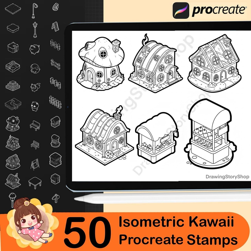 50 Procreate Isometric Kawaii Garden Stamp Brushes | Kawaii Textured Isometric Stamp Brush for Procreate Set 2