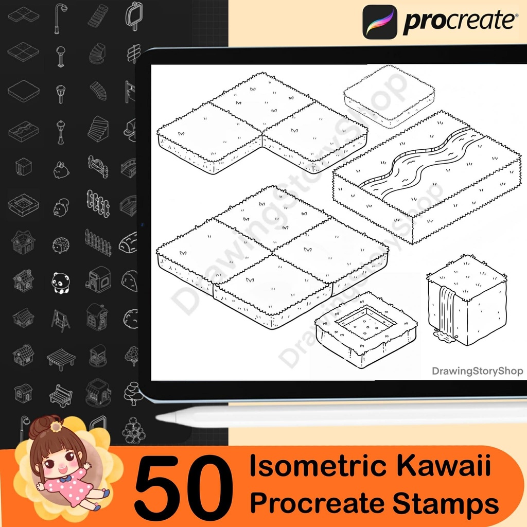 50 Procreate Isometric Kawaii Garden Stamp Brushes | Kawaii Textured Isometric Stamp Brush for Procreate Set 3
