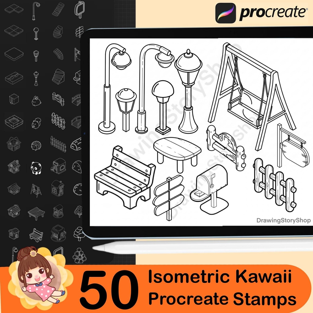50 Procreate Isometric Kawaii Garden Stamp Brushes | Kawaii Textured Isometric Stamp Brush for Procreate Set 3