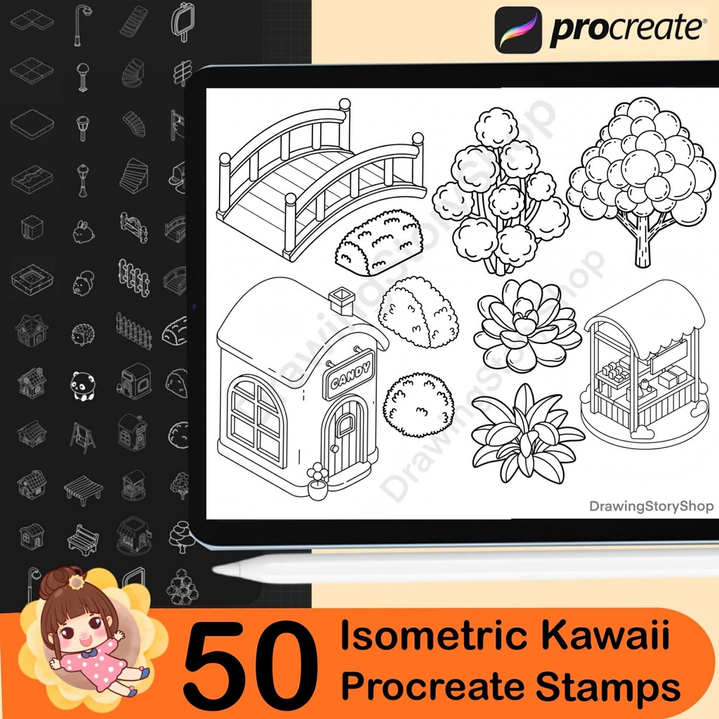 50 Procreate Isometric Kawaii Garden Stamp Brushes | Kawaii Textured Isometric Stamp Brush for Procreate Set 3