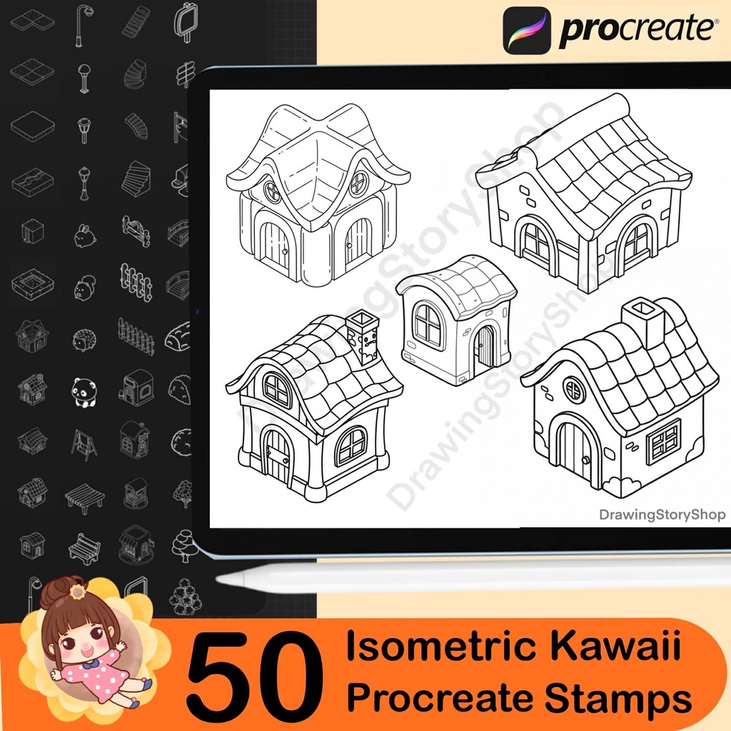 50 Procreate Isometric Kawaii Garden Stamp Brushes | Kawaii Textured Isometric Stamp Brush for Procreate Set 3
