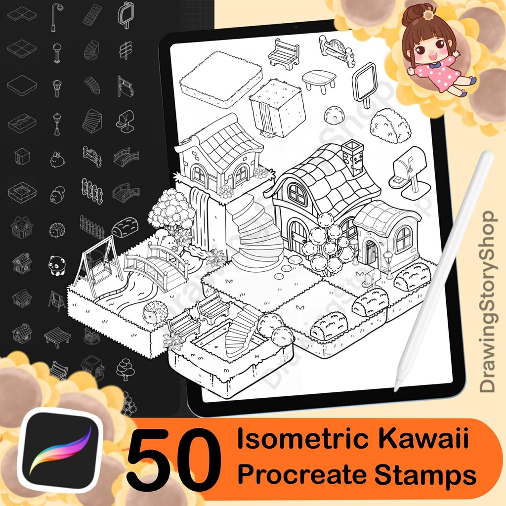 50 Procreate Isometric Kawaii Garden Stamp Brushes | Kawaii Textured Isometric Stamp Brush for Procreate Set 3