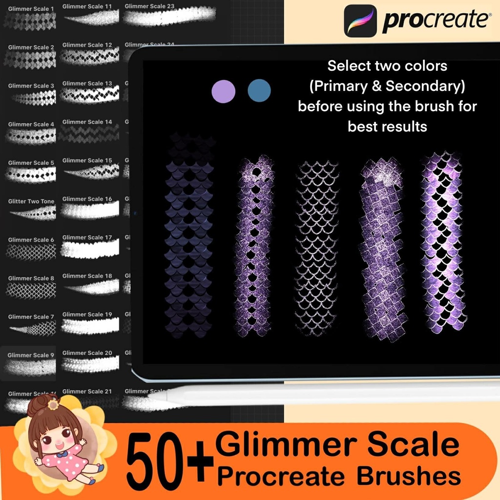 50+ Procreate Glimmer Scale Brushes – Mermaid, Fish, Snake, Dragon Scale Texture, Shiny Scale Brush Set