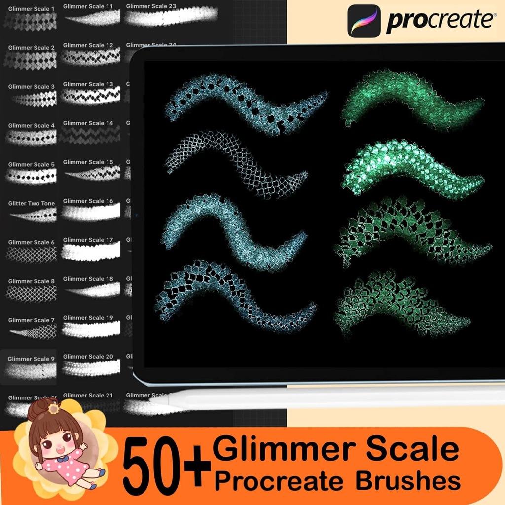 50+ Procreate Glimmer Scale Brushes – Mermaid, Fish, Snake, Dragon Scale Texture, Shiny Scale Brush Set