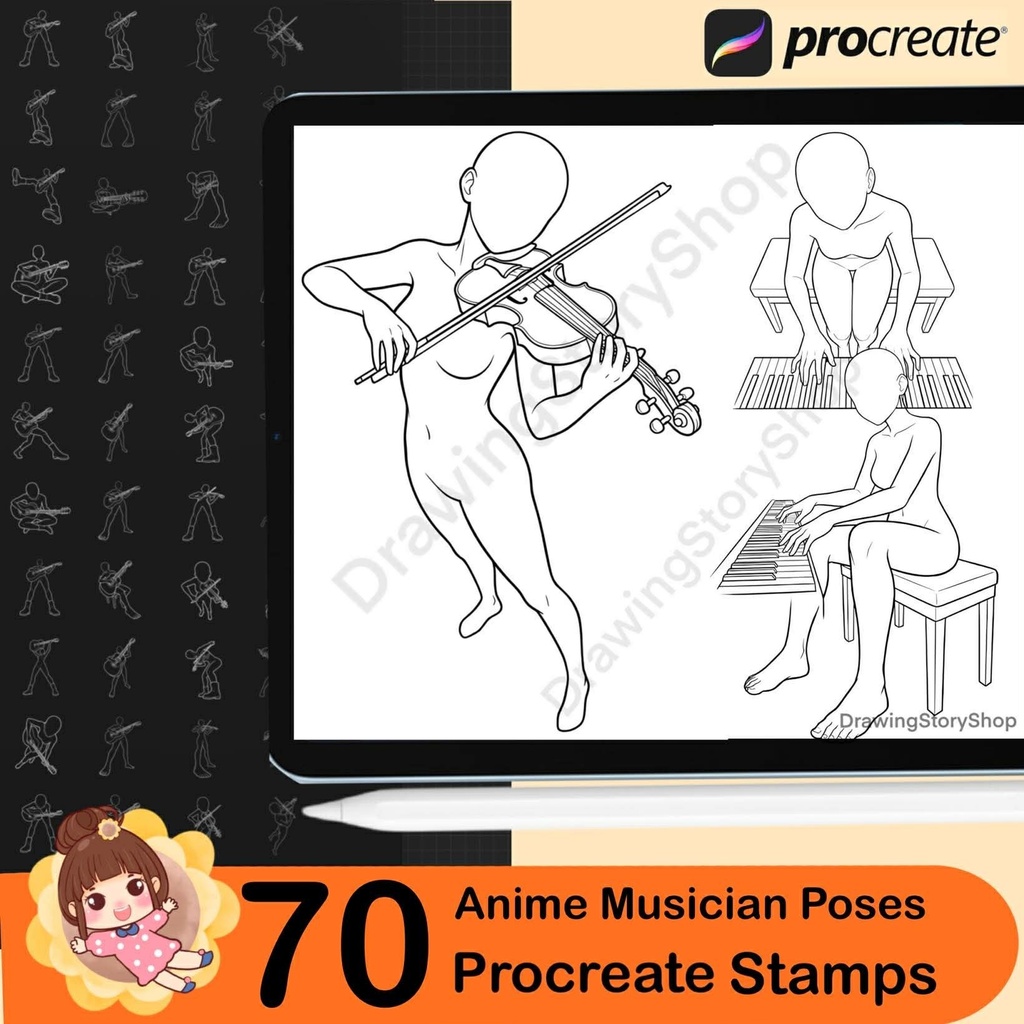 70 Anime Musician Pose Stamps for Procreate | Guitar, Violin, Piano, Singing Anime Poses | Manga Music Performance Reference