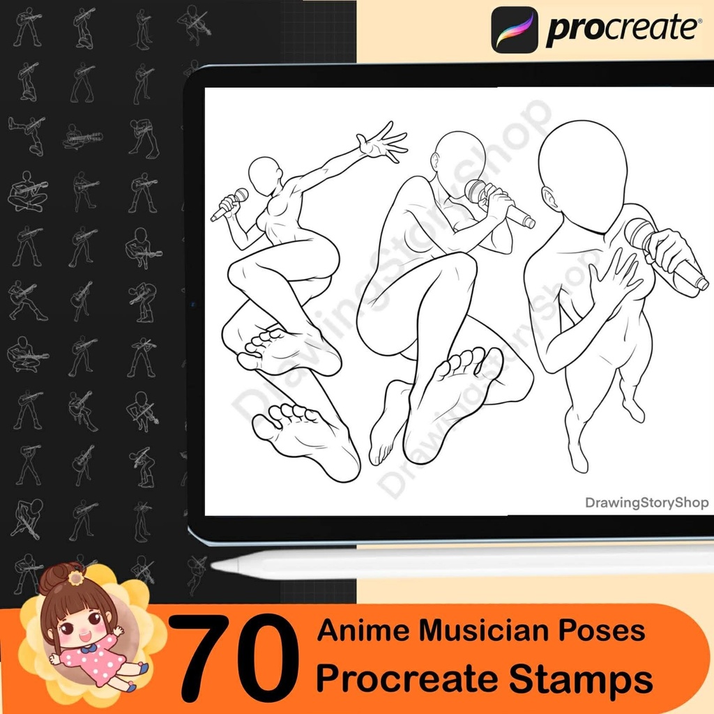 70 Anime Musician Pose Stamps for Procreate | Guitar, Violin, Piano, Singing Anime Poses | Manga Music Performance Reference