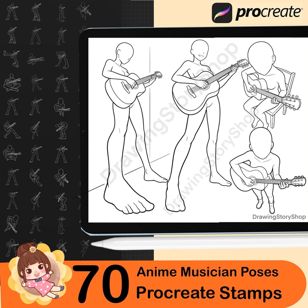 70 Anime Musician Pose Stamps for Procreate | Guitar, Violin, Piano, Singing Anime Poses | Manga Music Performance Reference