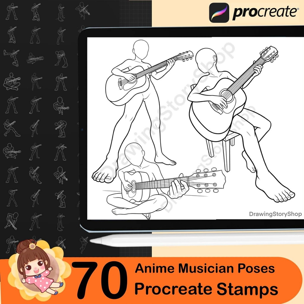 70 Anime Musician Pose Stamps for Procreate | Guitar, Violin, Piano, Singing Anime Poses | Manga Music Performance Reference