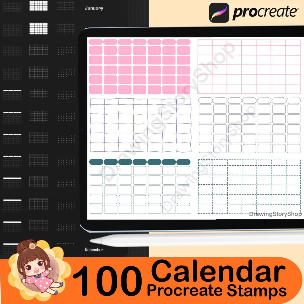 100 Blank Calendar Stamps for Procreate l Bullet Journals , Diaries and Planners