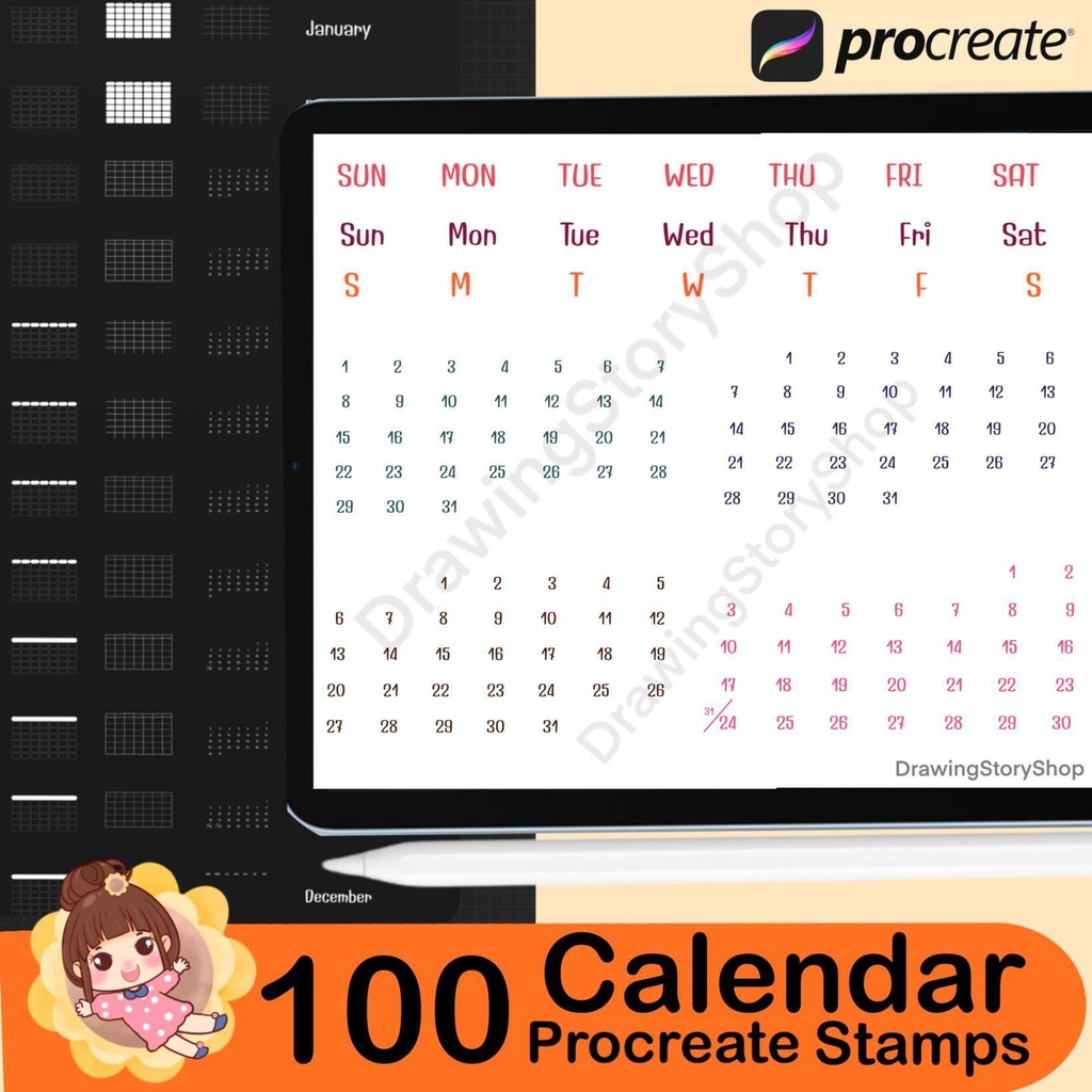 100 Blank Calendar Stamps for Procreate l Bullet Journals , Diaries and Planners
