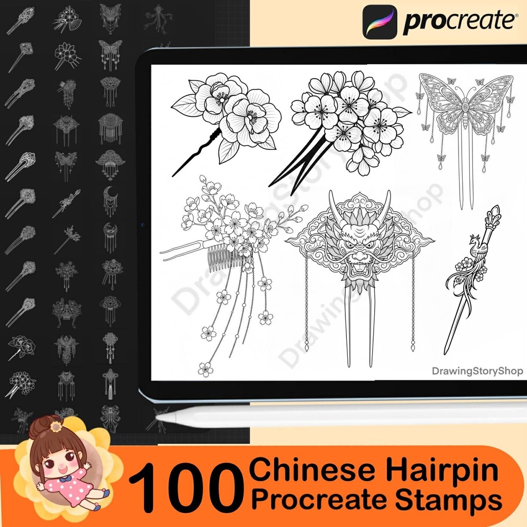 100 Chinese Hairpin Procreate Brushes Stamp, Ancient Hair Stick Accessories, Hanfu Princess Hair Ornament, Anime Line Art Brush