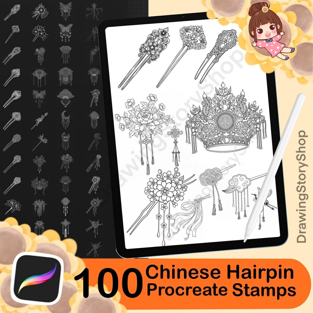 100 Chinese Hairpin Procreate Brushes Stamp, Ancient Hair Stick Accessories, Hanfu Princess Hair Ornament, Anime Line Art Brush