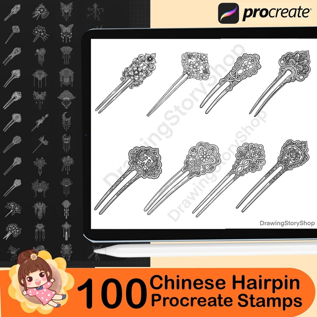 100 Chinese Hairpin Procreate Brushes Stamp, Ancient Hair Stick Accessories, Hanfu Princess Hair Ornament, Anime Line Art Brush