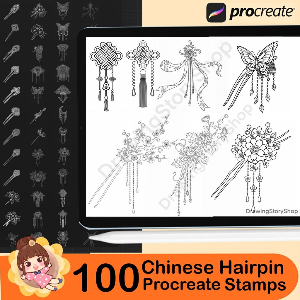 100 Chinese Hairpin Procreate Brushes Stamp, Ancient Hair Stick Accessories, Hanfu Princess Hair Ornament, Anime Line Art Brush