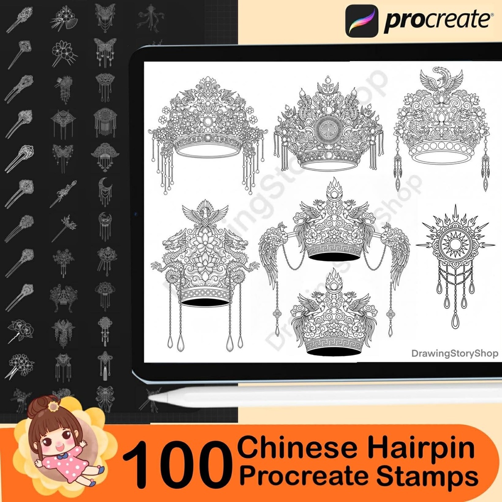 100 Chinese Hairpin Procreate Brushes Stamp, Ancient Hair Stick Accessories, Hanfu Princess Hair Ornament, Anime Line Art Brush