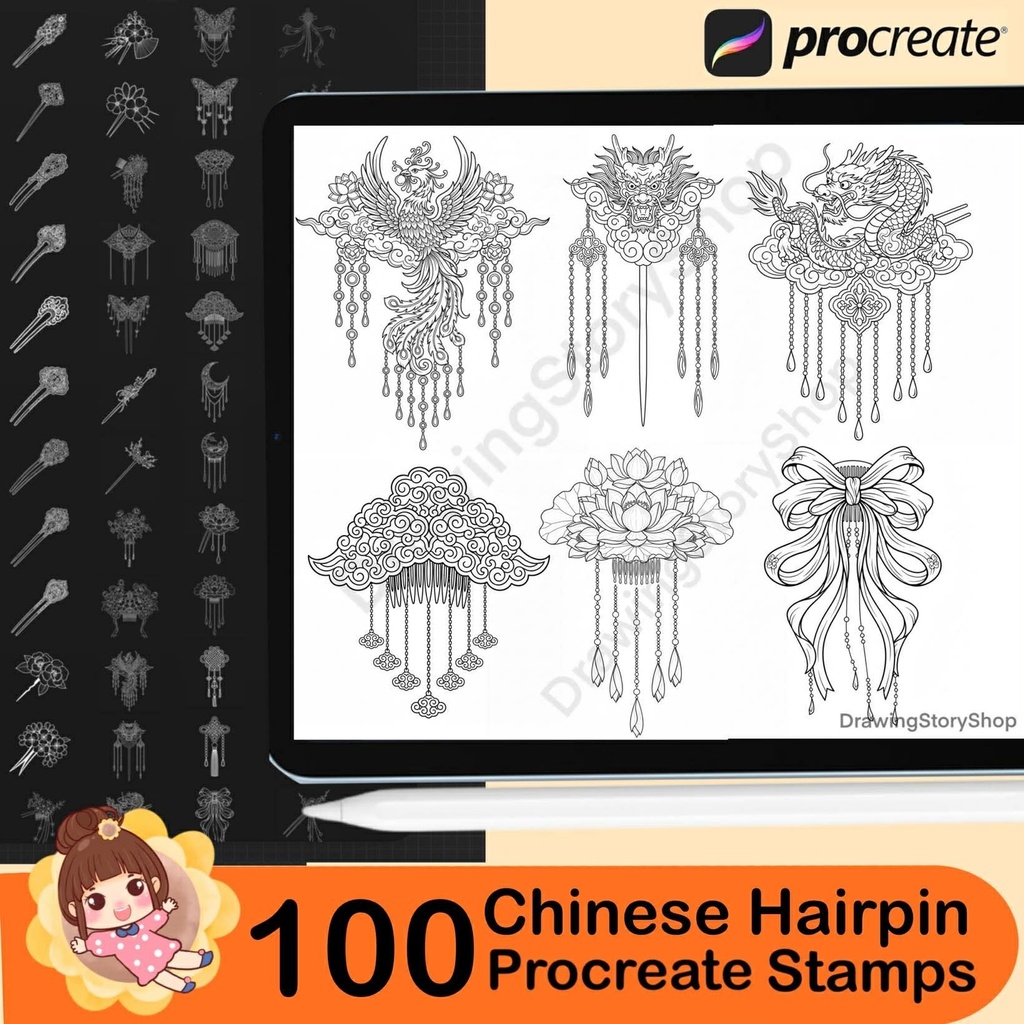 100 Chinese Hairpin Procreate Brushes Stamp, Ancient Hair Stick Accessories, Hanfu Princess Hair Ornament, Anime Line Art Brush