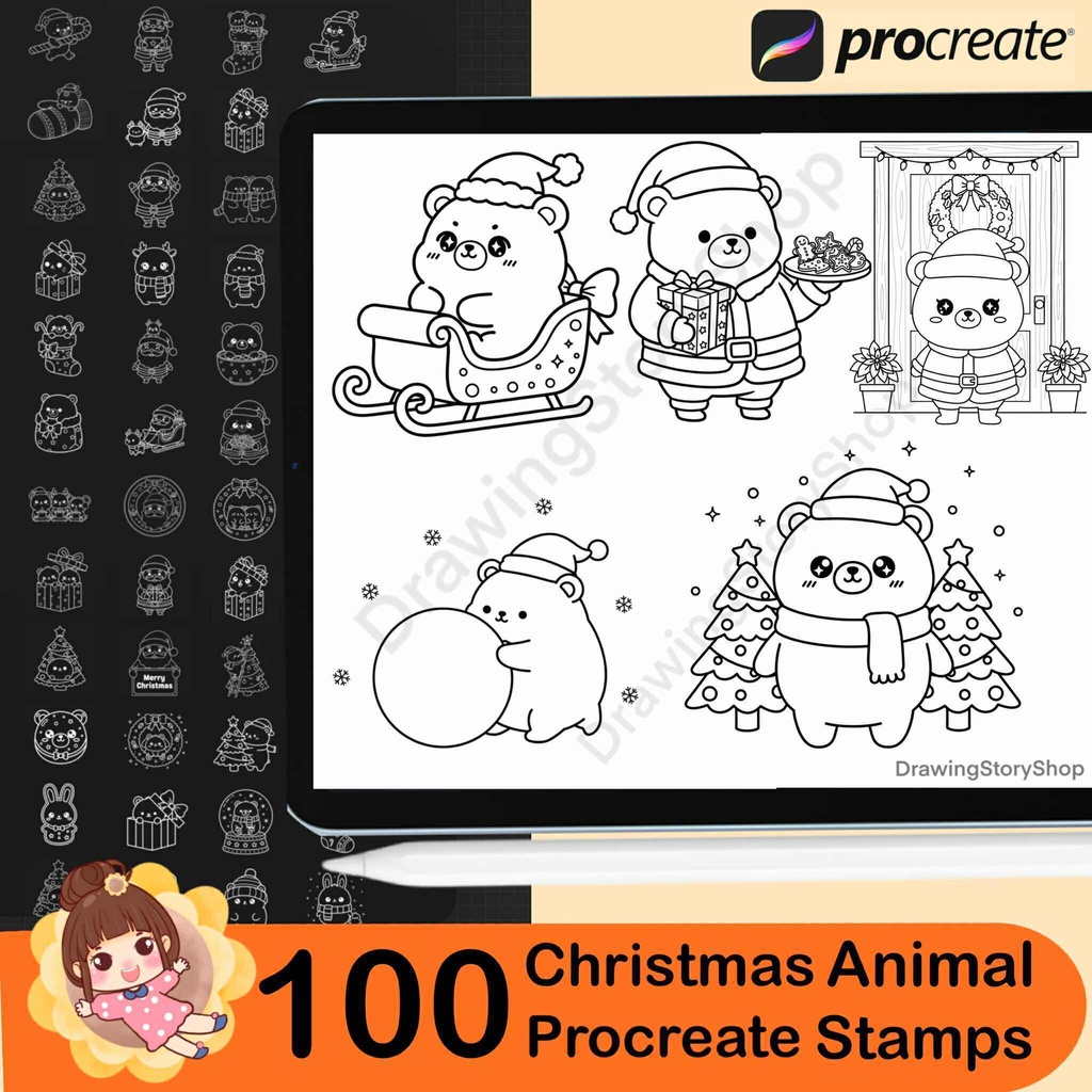 100 Christmas animal Procreate Stamps, Christmas ornaments Doodle, Christmas tree stamps ,cat,bear,rabbit ,Brush for Procreate
