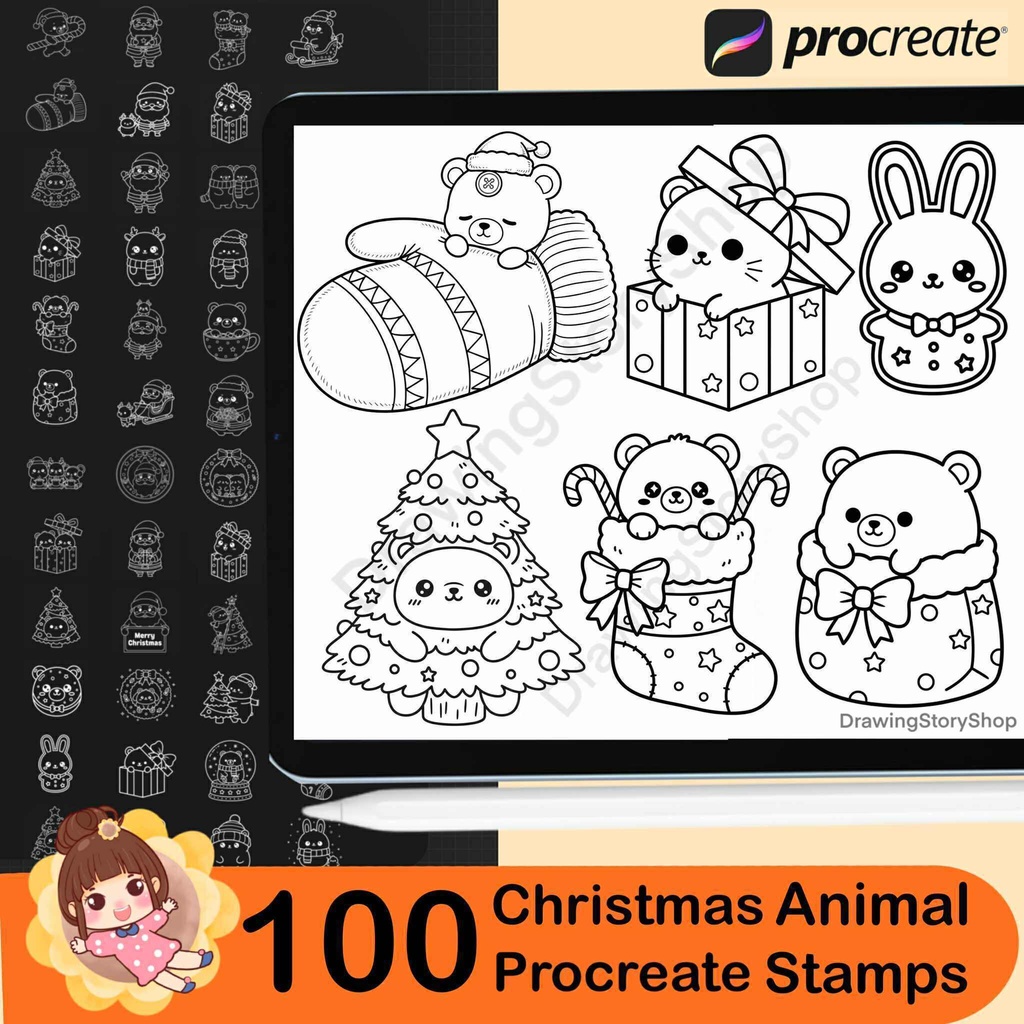 100 Christmas animal Procreate Stamps, Christmas ornaments Doodle, Christmas tree stamps ,cat,bear,rabbit ,Brush for Procreate