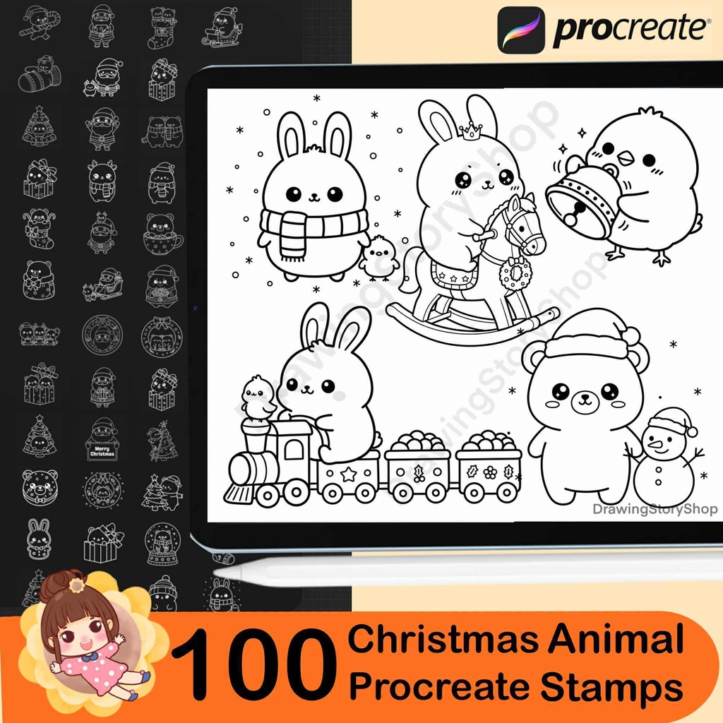 100 Christmas animal Procreate Stamps, Christmas ornaments Doodle, Christmas tree stamps ,cat,bear,rabbit ,Brush for Procreate