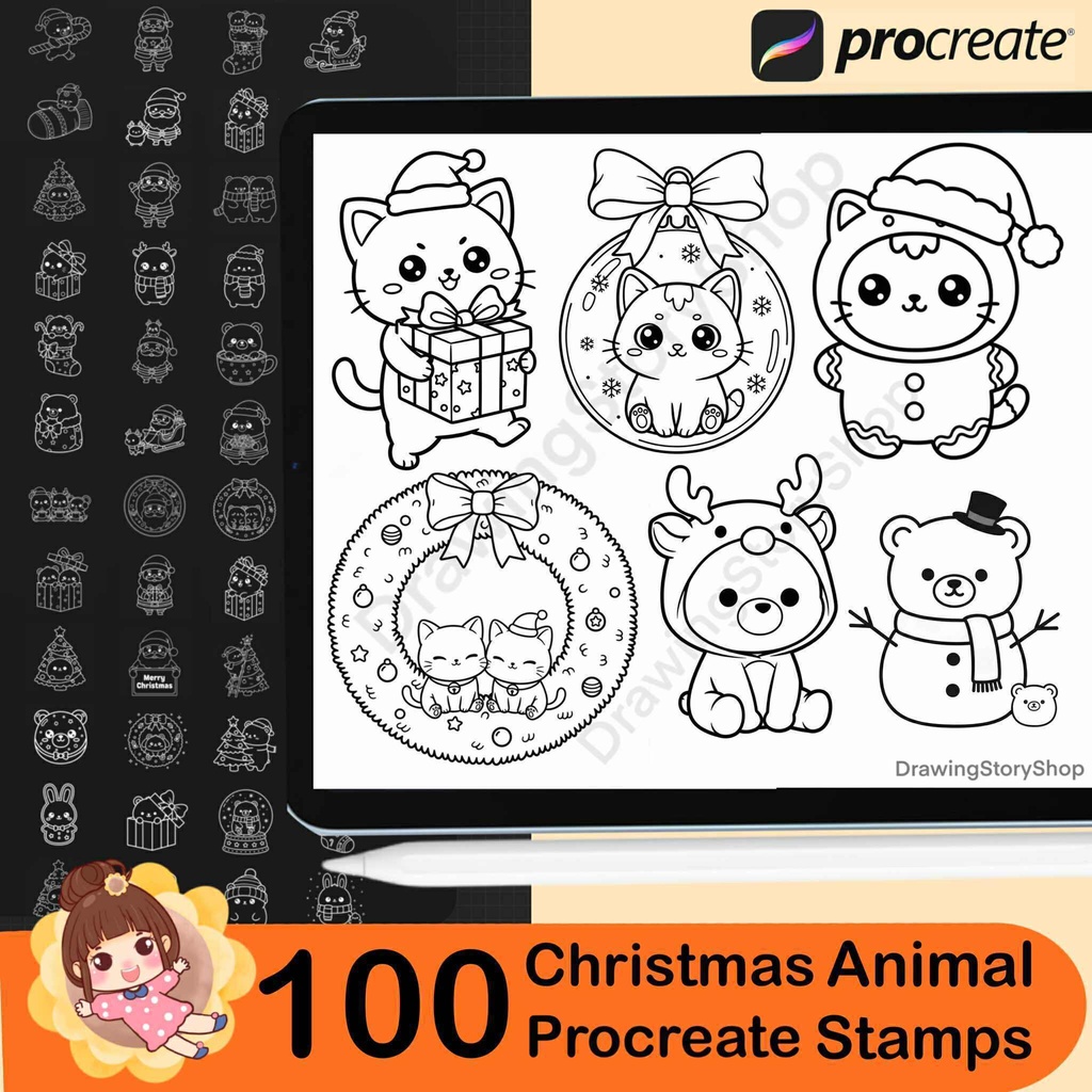 100 Christmas animal Procreate Stamps, Christmas ornaments Doodle, Christmas tree stamps ,cat,bear,rabbit ,Brush for Procreate