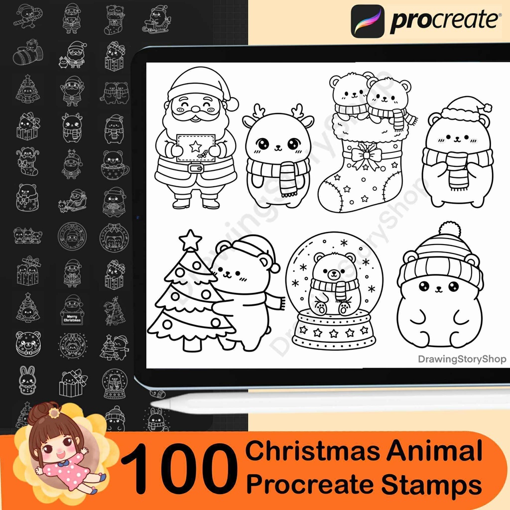 100 Christmas animal Procreate Stamps, Christmas ornaments Doodle, Christmas tree stamps ,cat,bear,rabbit ,Brush for Procreate